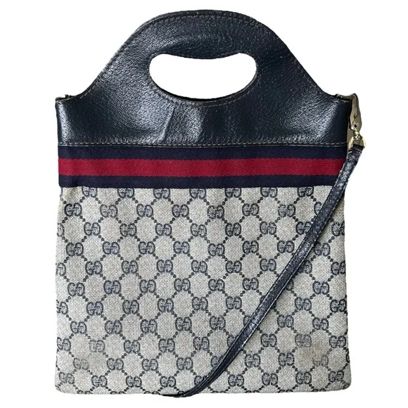 Gucci • RARE Vintage GG Web Monogram Navy PVC Leather Purse Tote Bag Handbag - Picture 5 of 16